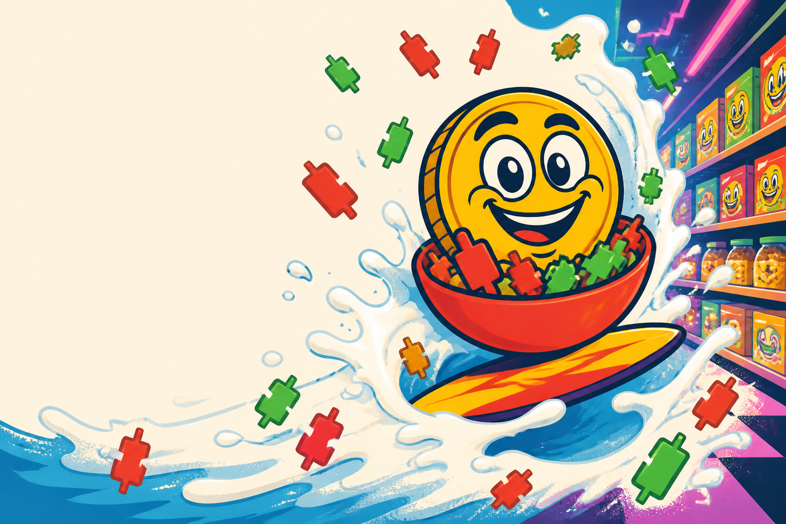 OOPS mascot surfing a bowl of candlestick cereal